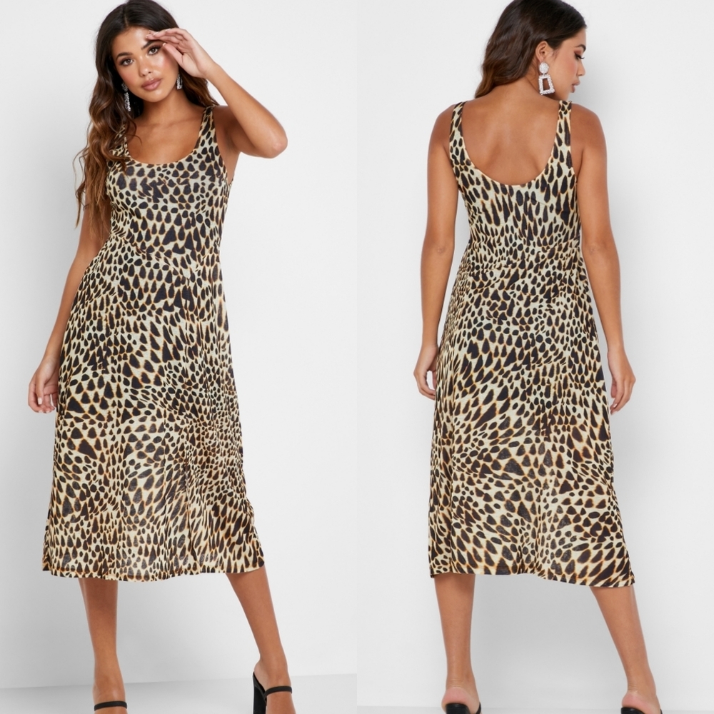 Topshop Light Yellow Animal Print Midi Dress Size 6